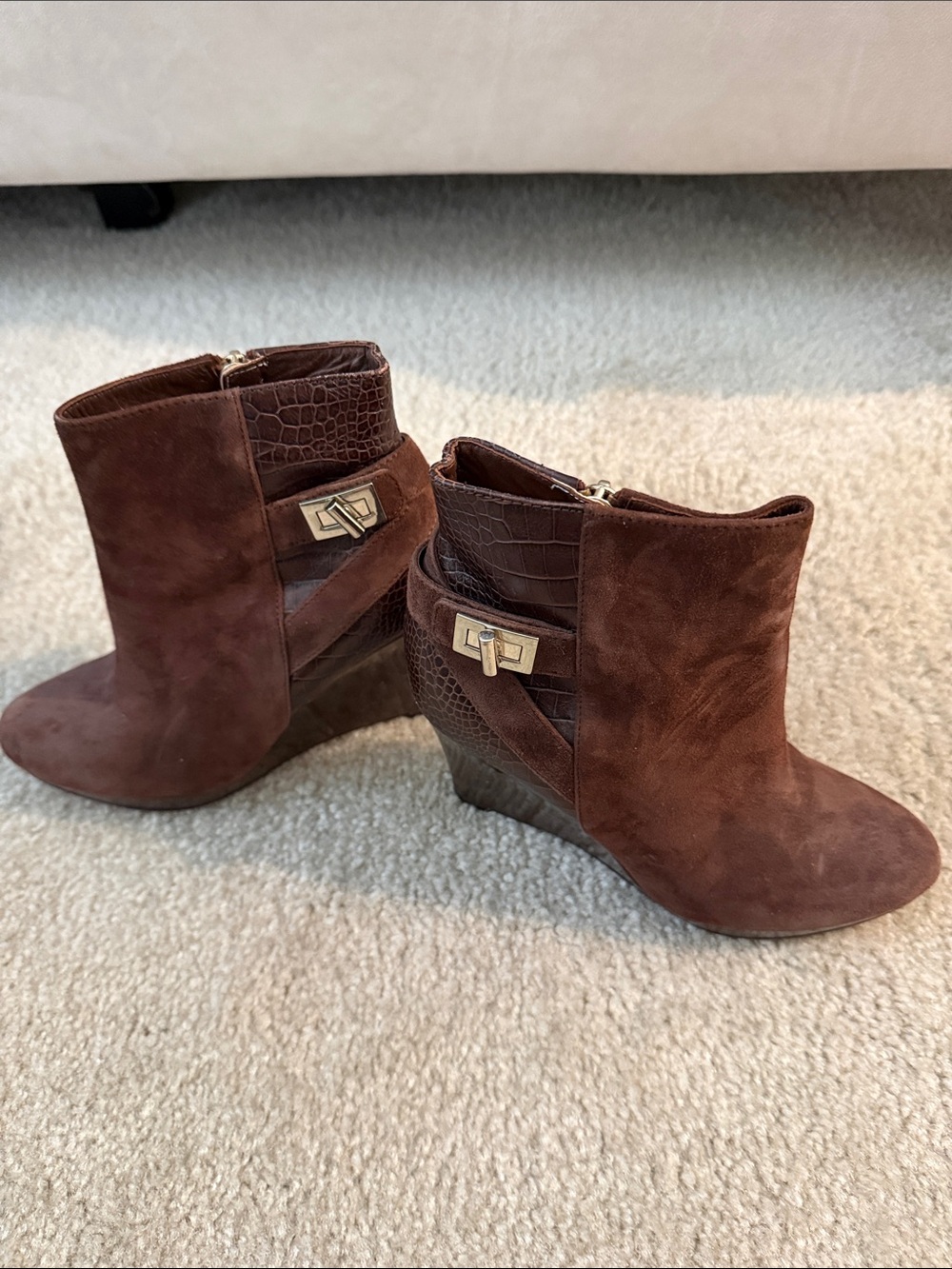 Cole Haan Brown Suede Wedge Ankle Boots with Gold Accent